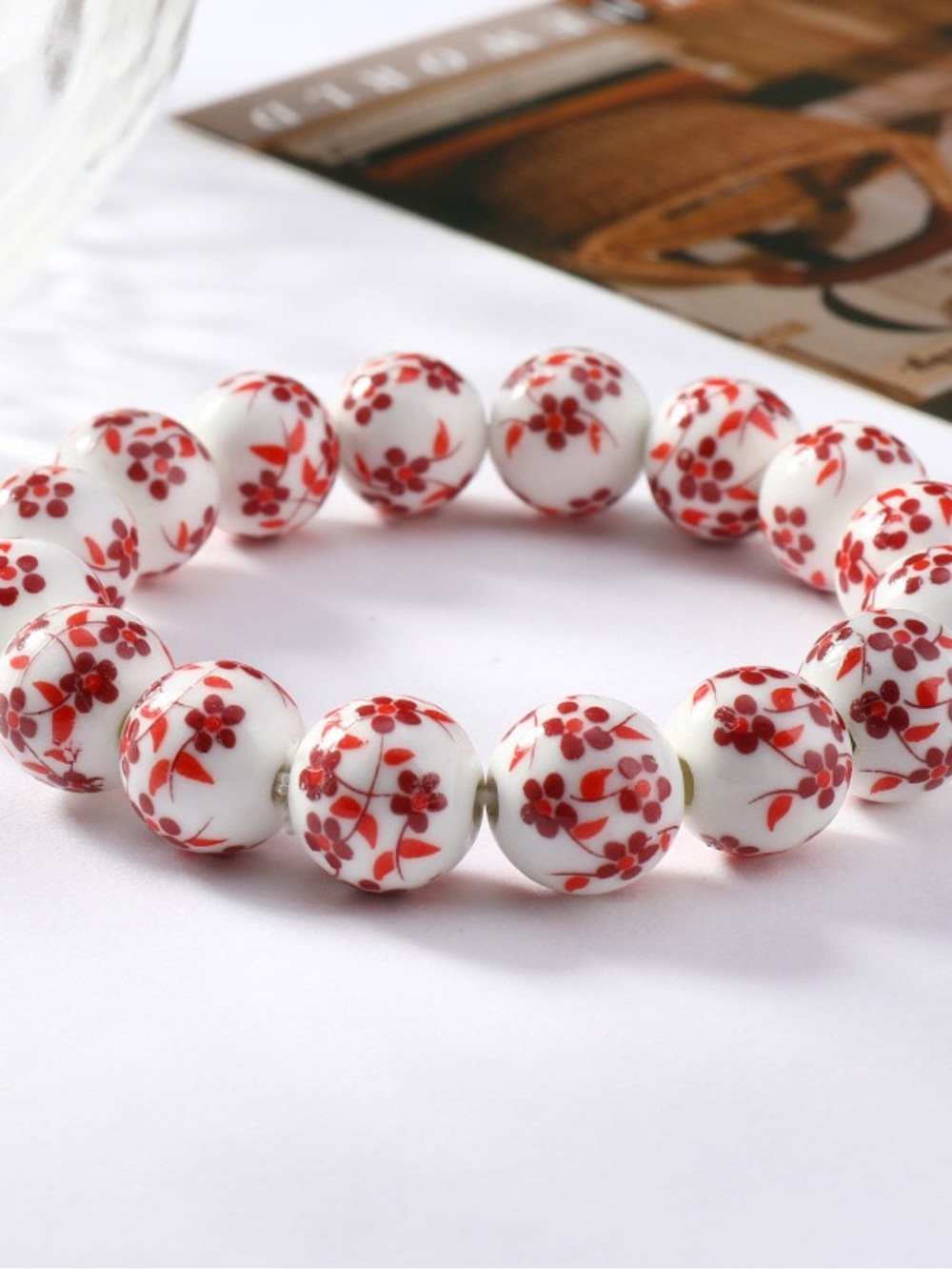 White and Red Floral Ceramic Bead Bracelet - Elegant Women’s Jewelry
